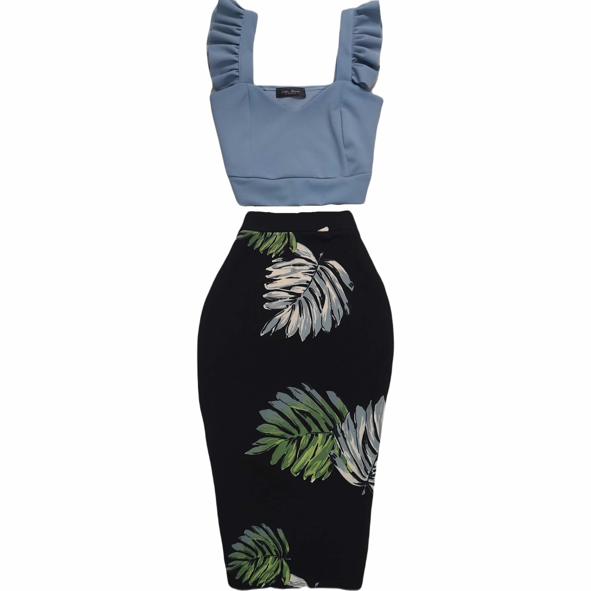 Elegant Ruffled Straps Blouse with Floral Pencil Skirt Semi Formal Wear Fashionable Event Outfit